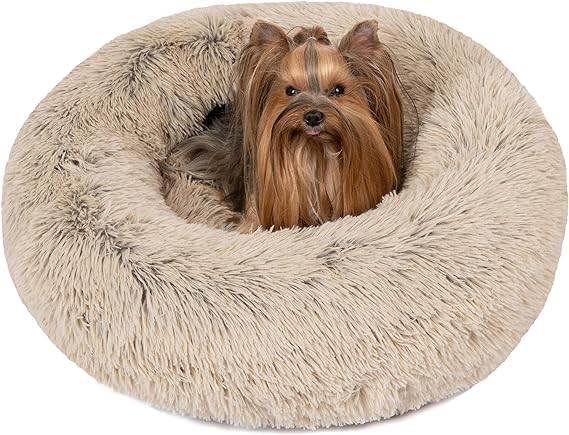 Donut Dog Bed Faux Fur Fluffy Calming Sofa for Medium Dogs, Soft & Plush anti Anxiety Pet Couch for Dogs, Machine Washable Coco Pet Bed with Non-Slip Bottom, 30"X30"X7" Tan